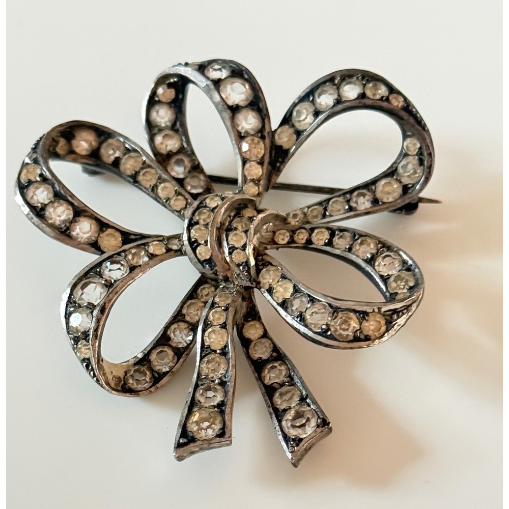 Vintage West Germany Sterling Silver Paste Rhinestone Bow Brooch Pin